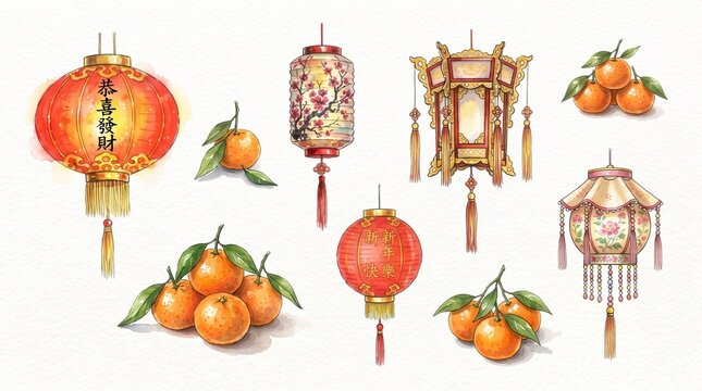 Watercolor Chinese New Year clipart set isolated on white. Features traditional red silk lanterns, ornate palace lamps, and fresh mandarin oranges with green leaves. Perfect for Spring Festival and lu