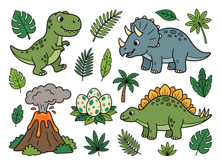 A collection of cute cartoon dinosaurs including a T-Rex Triceratops and Stegosaurus with a volcano and eggs. © atar