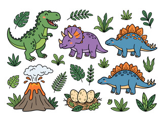 Cute cartoon dinosaurs with volcano and eggs set. © atar