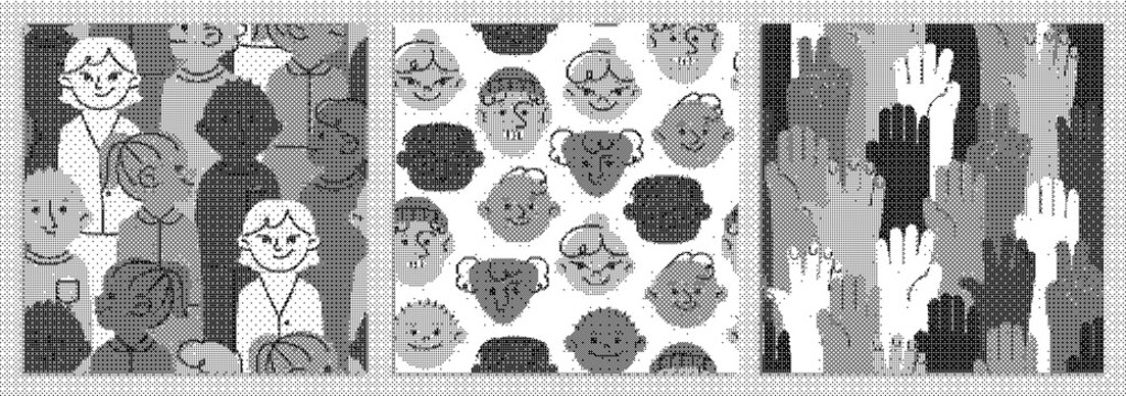 Set of three patterns featuring stylized human faces, crowds, and raised hands in a textured, handdrawn sketch style