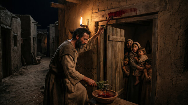 The first Passover in Egypt. An Israelite family painting the blood of a lamb on their wooden doorposts to be spared from the final plague