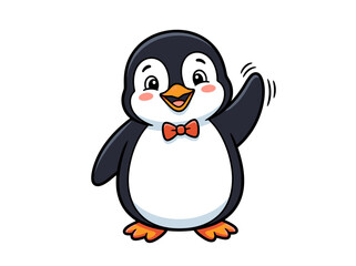 Fototapeta premium A cute cartoon penguin wearing a red bow tie waving hello.