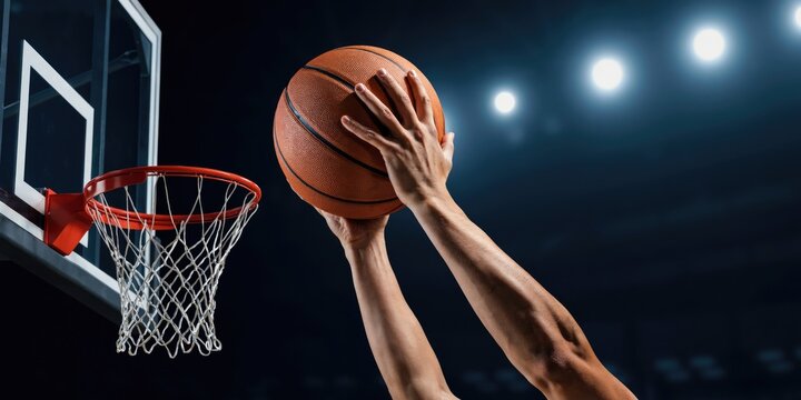 Basketball player hands reaching to dunk ball into hoop at night