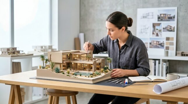 Architect Working on Scale Model of Modern House