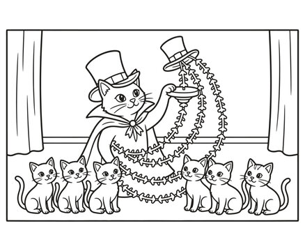 Magician cat performing magic show with hat trick for audience of cute little kittens.
