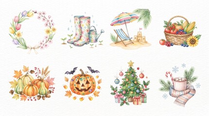 Fototapeta premium Watercolor year round holidays and seasonal celebrations clipart set. Includes spring flowers, gardening boots, beach resort, harvest basket, pumpkins, Halloween ghost, Christmas tree, and cozy winter