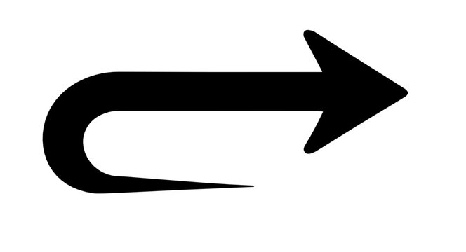 Bold black arrow icon curving back on itself in a smooth U-turn shape, symbolizing reversal, redirection and change of direction for design use.