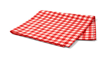 Fototapeta na wymiar Red napkin on white background. Folded red-and-white gingham kitchen towel isolated.
