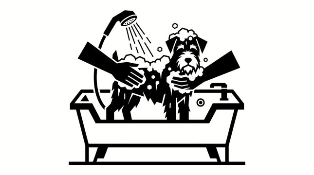 Black and white graphic illustration of a cute dog getting a bath in a bathtub with soap suds and a showerhead, being washed by two hands.