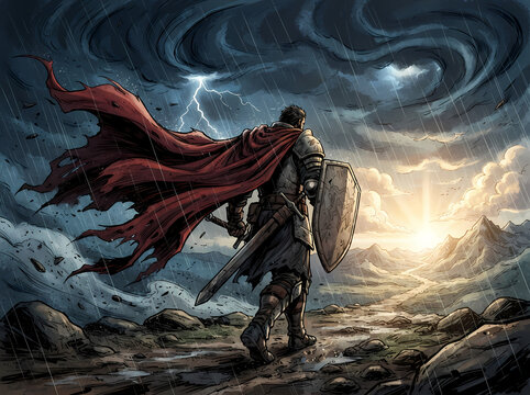 A lone armored knight walking forward with a sword and shield.