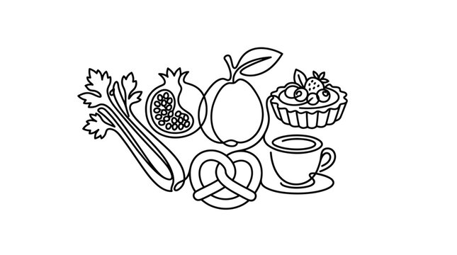 Line art illustration of fruits, pastry, pretzel, celery, and coffee cup