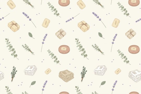 Seamless pattern with hand-drawn lavender sprigs, green eucalyptus leaves, and natural soap bars on a light beige background, for spa decor