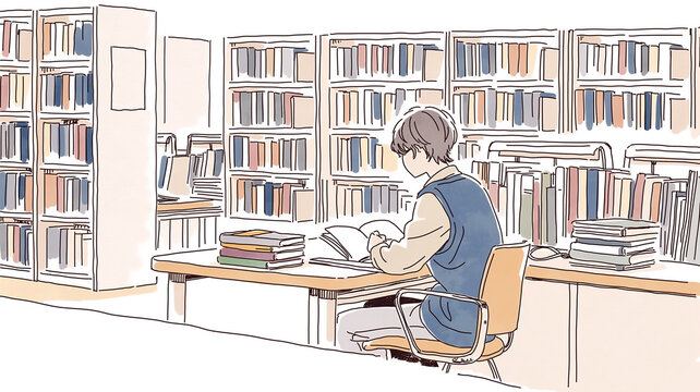 図書館で学ぶ学生の勉強風景、読書、学習、試験勉強、自習、受験、レポート作成、資料調査、研究、参考書、本棚、ノートパソコン、デスク、椅子、学校、大学、教育、知識、集中、静かな空間、シンプル、ミニマル、手描き、線画、水彩、清潔感、コピー用紙、余白、教材、オンライン学習、課題、勉強会、教室、若者、後ろ姿、室内、知的、学び、背景、挿絵、広告、ブログ、サムネイル、パンフレット、ポスター用イラスト、資料素材集