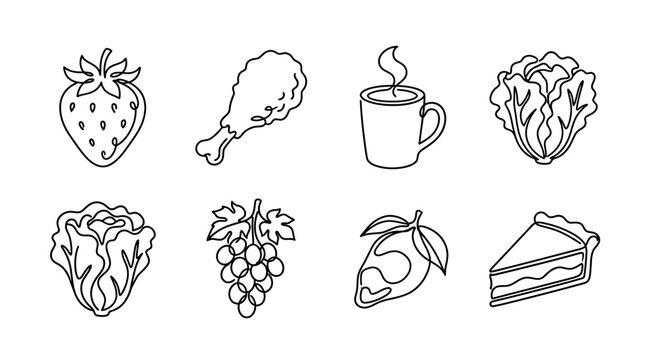 Hand-drawn food icons: strawberry, chicken leg, coffee, lettuce, rose, grapes, mango, pie slice