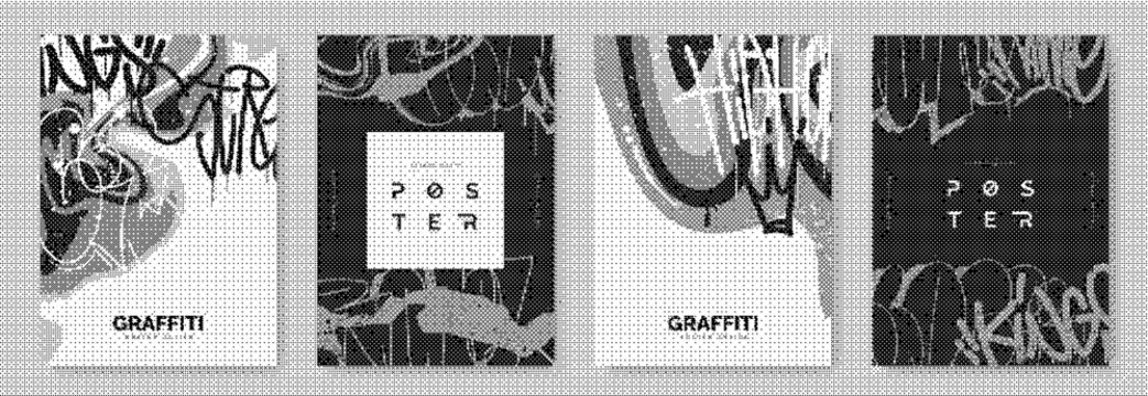 Set of four abstract graffiti posters with handdrawn elements, urban street art style, black and white textured background, modern vector illustration