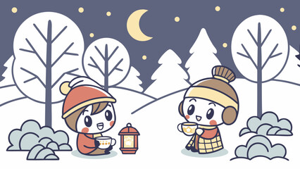 Fototapeta premium Cute characters enjoying warm cocoa in a peaceful snowy winter forest under moonlight