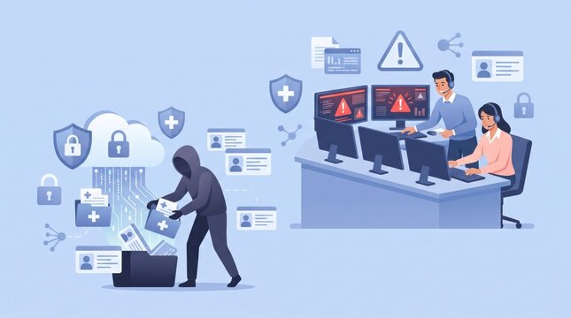 Cloud data security breach with hacker stealing files and it security team responding to network alerts