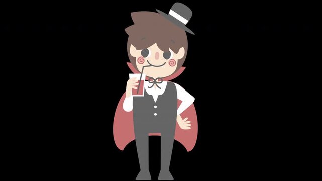 animated video happy halloween holiday festival with boy wearing vampire dracula costume drinking blood, overlay transparent prores 4444 4K
