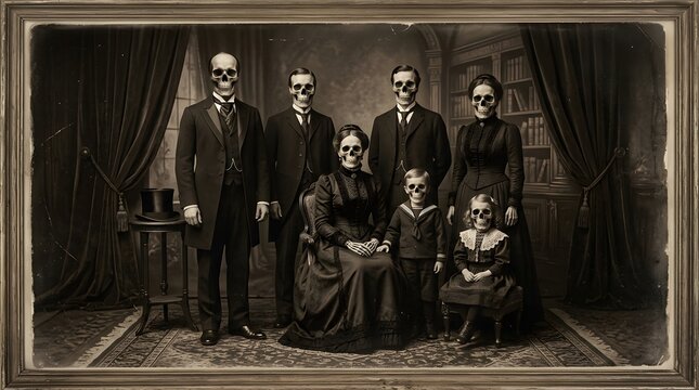Vintage sepiatoned portrait of a victorian family with human skulls instead of faces, standing in a dark library setting