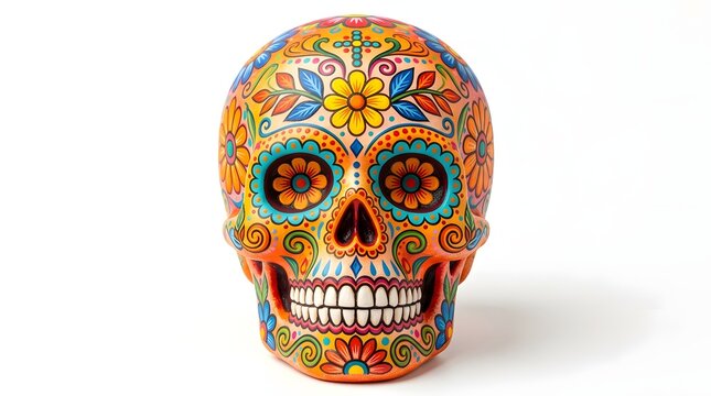 Colorful decorative sugar skull with floral patterns isolated on white background