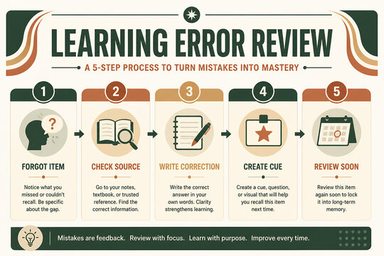 An infographic illustrates a five-step learning error review process to turn mistakes into mastery.