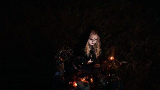 Woman in hooded cloak sits beside candlelit ritual table outdoors, head bowed toward crystal ball and scattered mystical objects while warm flames highlight pale face, dark markings, and moody shadows