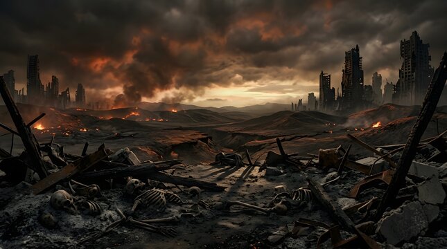 Postapocalyptic landscape with ruined city buildings and skeletons in the foreground