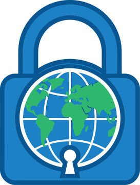 Global security padlock icon. Digital world data protection symbol.