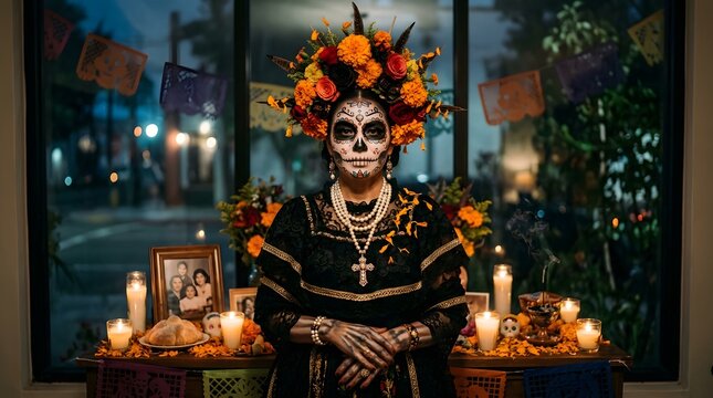 Woman dressed as la catrina with traditional sugar skull makeup and floral crown standing in front of a day of the dead altar