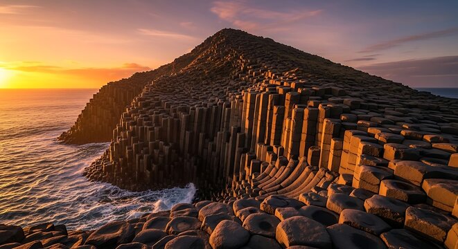 Fingals Cave basalt columns sunset.