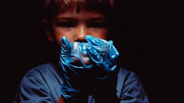 Child wearing blue medical protective gloves holds hands up close up in dark background, healthcare safety concept with focused young person showing care and caution in mysterious atmosphere