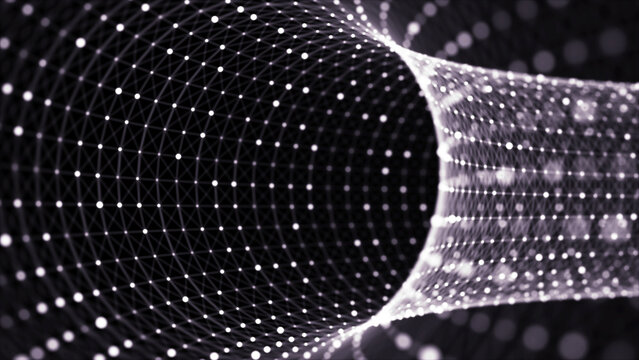 Abstract wireframe tunnel. Science wormhole. 3D portal grid. Futuristic fantasy funnel. 3d rendering.