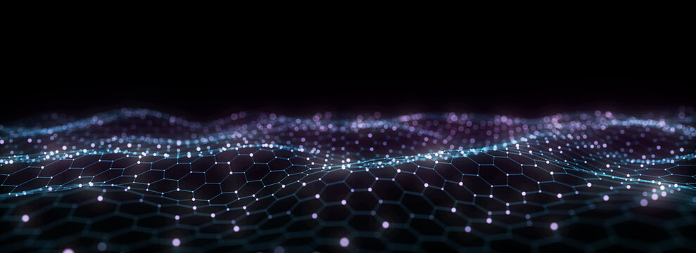 Futuristic hexagon wave. Dark cyberspace. Abstract wave with dots and line. Blue moving particles on background. 3d rendering.