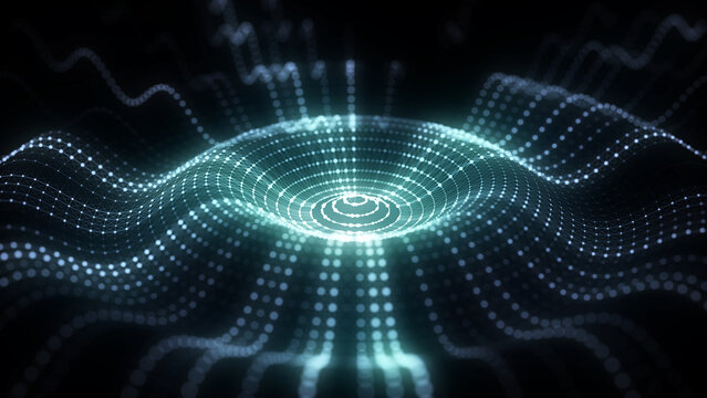 Futuristic hexagon wave. Dark cyberspace. Abstract wave with dots and line. Blue moving particles on background. 3d rendering.
