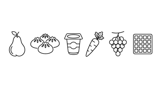 Healthy Food Icons: Pear, Dumplings, Yogurt, Carrot, Grapes, Waffle - Outline Style