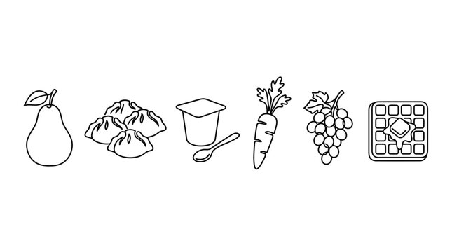 Healthy Breakfast Food Icons: Pear, Dumplings, Yogurt, Carrot, Grapes, Waffle