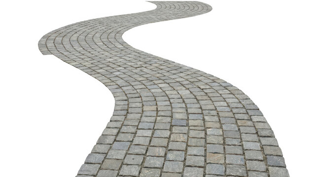 Curved cobblestone path made of grey stone blocks, isolated on transparent background