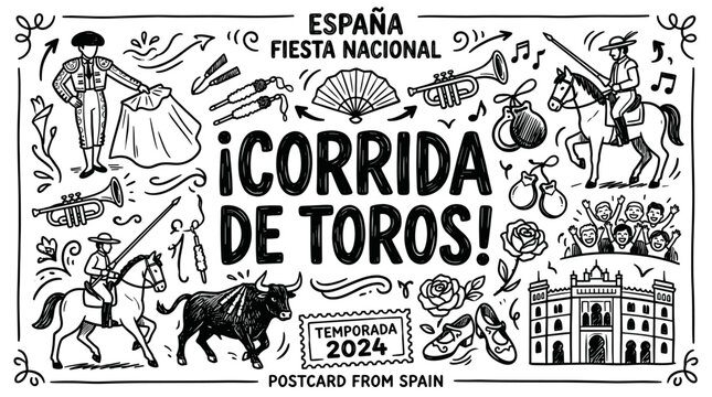 Corrida de Toros Black and White Hand Drawn Spanish Doodle Illustration