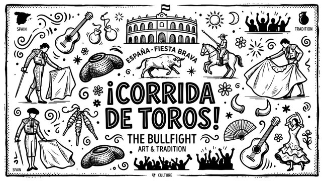 Corrida de Toros Black and White Hand Drawn Spanish Doodle Illustration