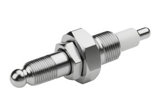 Close-up of a spark plug in hand isolated on white background