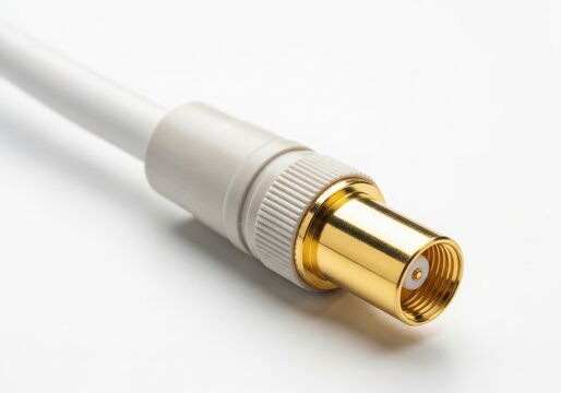 Close-up of gold male sma connector on cable isolated on white background