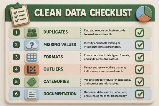 A graphic displays a Clean Data Checklist with six steps: Duplicates, Missing Values, Formats, Outliers, Categories, and Documentation.