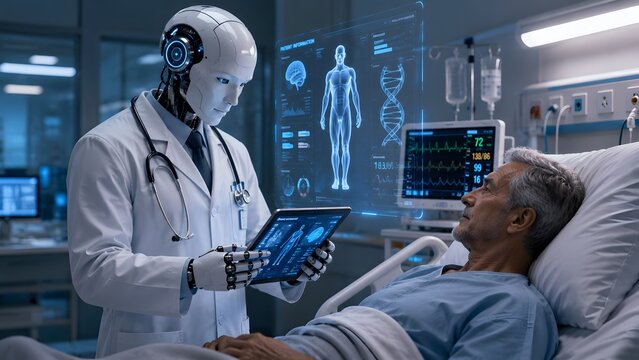 Futuristic robot doctor with stethoscope using a tablet to examine a patient lying in a hospital bed with digital medical data screens in the background