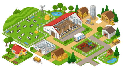 Naklejka premium Cow Farm Isometric Digital Illustration With Dairy Barn and Cattle