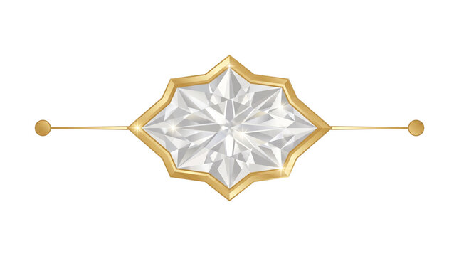 Elegant diamond jewelry element with gold frame, luxury crystal gemstone ornament, sparkling geometric jewel for wedding invitation design isolated PNG with Transparent Background