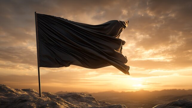Blank black flag waving at sunset with a warm golden sky and dramatic lighting, creating a bold minimalist scene ideal for mockups, branding, and creative design.