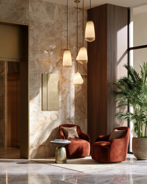 Elegant Lobby with Red Armchairs and Hanging Pendant Lights