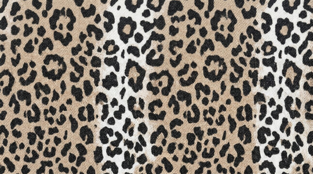 Close-up of leopard print fabric with tan black and white spots showcasing animal pattern design for fashion and textile use