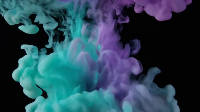 Ink clouds blooming in water dissolving softly in turquoise and violet