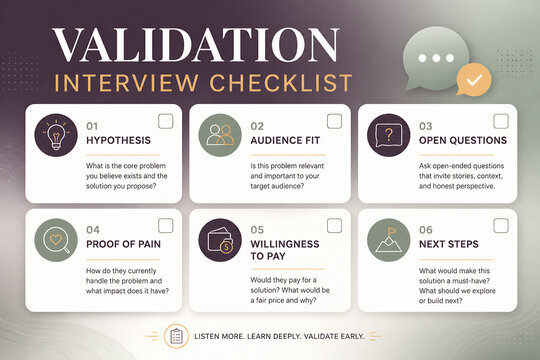 A graphic displays a validation interview checklist with six numbered sections: Hypothesis, Audience Fit, Open Questions, Proof of Pain, Willingness to Pay, and Next Steps.